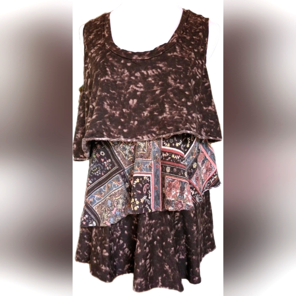 90s Layered Ruffle Tank Top L Brown Asymmetric Patchwork Goblincore Fairy Grunge